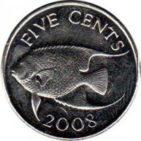 reverse of 5 Cents - Elizabeth II - 4'th Portrait (1999 - 2009) coin with KM# 108 from Bermuda. Inscription: FIVE CENTS 2008