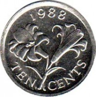 Bermuda coin 10 Cents - Elizabeth II - 3'rd Portrait (1986 - 1997) reverse reverse of 10 Cents - Elizabeth II - 3'rd Portrait (1986 - 1997) coin with KM# 46 from Bermuda. Inscription: 1988 TEN CENTS