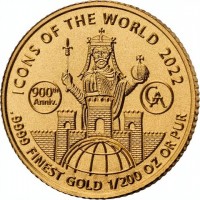 Gold coin Rwanda ICONS OF THE WORLD 2022. 900th Anniv.9999 FINEST GOLD 1/200 OZ OR PUR. GA.