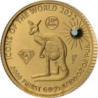 Gold coin Rwanda ICONS OF THE WORLD 2022. 15th Anniv. GA.9999 FINEST GOLD 1/100 OZ OR PUR. Pf.