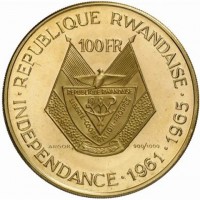 Gold coin Rwanda KM# 2 · REPUBLIQUE RWANDAISE ·. 20 FR. INDEPENDANCE · 1961-1965. LIBERTÉ - COOPERATION - PROGRÈS. ARGOR 900/1000.