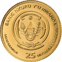 Gold coin Rwanda KM# 213 BANKI NKURU Y'U RWANDA. REPUBLIKA Y'U RWANDA. UBUMWE-UMURIMO-GUKUNDA-IGIHUGU. AMAFARANGA 25 MAKUMYABIRI NA GATANU.