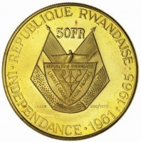 Gold coin Rwanda KM# 3 · REPUBLIQUE RWANDAISE ·. 50 FR. INDEPENDANCE · 1961-1965. LIBERTÉ - COOPERATION - PROGRÈS. ARGOR 900/1000.