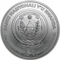 Silver coin Rwanda KM# 46 BANKI NKURU Y'U RWANDA. REPUBLIKA Y'U RWANDA. UBUMWI - UMURIMO - GUKUNDA IGIHUGU. AMAFARANGA 50 MIRONGO ITANU.