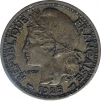 obverse of 1 Franc (1924 - 1926) coin with KM# 2 from Cameroon. Inscription: RÉPUBLIQUE FRANÇAISE A.PATEY 1925