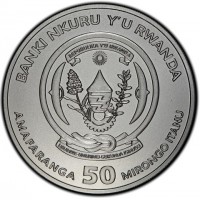 Silver coin Rwanda KM# 39 BANKI NKURU Y'U RWANDA. REPUBLIKA Y'U RWANDA. UBUMWI - UMURIMO - GUKUNDA IGIHUGU. AMAFARANGA 50 MIRONGO ITANU.