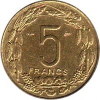 Cameroon coin 5 Francs (1958) reverse reverse of 5 Francs (1958) coin with KM# 10 from Cameroon. Inscription: 5 FRANCS
