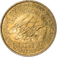 obverse of 25 Francs (1958) coin with KM# 12 from Cameroon. Inscription: AFRIQUE EQUATORIAL FRANCAISE INSTITUT D'EMISSION 1958 CAMEROUN