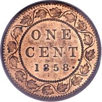 reverse of 1 Cent - Victoria (1858 - 1859) coin with KM# 1 from Canada. Inscription: ONE CENT 1858