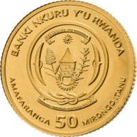 Gold coin Rwanda KM# 217 BANKI NKURU Y'U RWANDA. REPUBLIKA Y'U RWANDA. UBUMWI - UMURIMO - GUKUNDA IGIHUGU. AMAFARANGA 50 MIRONGO ITANU.