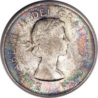 Canada coin 50 Cents - Elizabeth II - Complete Coat of Arms; 1'st Portrait (1959 - 1964) obverse obverse of 50 Cents - Elizabeth II - Complete Coat of Arms; 1'st Portrait (1959 - 1964) coin with KM# 56 from Canada. Inscription: ELIZABETH II DEI GRATIA REGINA