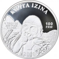 Silver coin Rwanda KM# 71 KWITA IZINA. 1 TROY OZ.999 FINE. SILVER. 100 FRW. 2010.