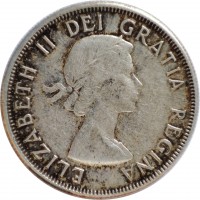 Canada coin 50 Cents - Elizabeth II - Simplified Coat of Arms; 1'st Portrait (1953 - 1958) obverse obverse of 50 Cents - Elizabeth II - Simplified Coat of Arms; 1'st Portrait (1953 - 1958) coin with KM# 53 from Canada. Inscription: ELIZABETH II DEI GRATIA REGINA