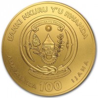 Gold coin Rwanda KM# 184 BANKI NKURU Y'U RWANDA. REPUBLIKA Y'U RWANDA. UBUMWI - UMURIMO - GUKUNDA IGIHUGU. AMAFARANGA 100 IJANA.