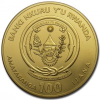 Gold coin Rwanda KM# 202 BANKI NKURU Y'U RWANDA. REPUBLIKA Y'U RWANDA. UBUMWI - UMURIMO - GUKUNDA IGIHUGU. AMAFARANGA 100 IJANA.