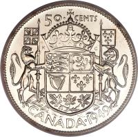 Canada coin 50 Cents - George VI (1948 - 1952) reverse reverse of 50 Cents - George VI (1948 - 1952) coin with KM# 45 from Canada. Inscription: 50 CENTS CANADA · 1949