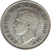 Canada coin 50 Cents - George VI (1937 - 1947) obverse obverse of 50 Cents - George VI (1937 - 1947) coin with KM# 36 from Canada. Inscription: GEORGIVS VI D:G:REX ET IND:IMP: