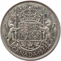 Canada coin 50 Cents - George VI (1937 - 1947) reverse reverse of 50 Cents - George VI (1937 - 1947) coin with KM# 36 from Canada. Inscription: 50 CENTS CANADA · 1944