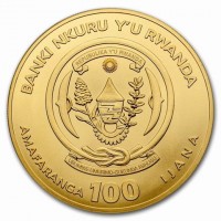 Gold coin Rwanda BANKI NKURU Y'U RWANDA. REPUBLIKA Y'U RWANDA. UBUMWI - UMURIMO - GUKUNDA IGIHUGU. AMAFARANGA 100 IJANA.