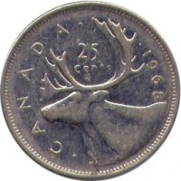 Canada coin 25 Cents - Elizabeth II - 2'nd Portrait (1968) reverse reverse of 25 Cents - Elizabeth II - 2'nd Portrait (1968) coin with KM# 62a from Canada. Inscription: · CANADA · · 1968 25 cents