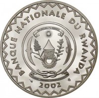 Silver coin Rwanda KM# 30 BANKI NKURU Y'U RWANDA. REPUBLIKA Y'U RWANDA. UBUMWI - UMURIMO - GUKUNDA IGIHUGU. 2002.