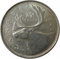 reverse of 25 Cents - Elizabeth II - 2'nd Portrait (1965 - 1966) coin with KM# 62 from Canada. Inscription: · C A N A D A · · 1966 25 cents