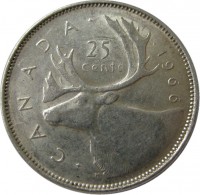 Canada coin 25 Cents - Elizabeth II - 2'nd Portrait (1965 - 1966) reverse reverse of 25 Cents - Elizabeth II - 2'nd Portrait (1965 - 1966) coin with KM# 62 from Canada. Inscription: · C A N A D A · · 1966 25 cents