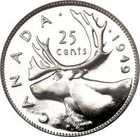Canada coin 25 Cents - George VI (1948 - 1952) reverse reverse of 25 Cents - George VI (1948 - 1952) coin with KM# 44 from Canada. Inscription: · C A N A D A · · 1949 25 cents