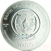 Silver coin Rwanda KM# 56 BANKI NIKURU Y'U RWANDA. REPUBLIKA Y'U RWANDA. UBUMWE - UMURIMO - GUKUNDA IGIHUGU. AMAFARANGA 1000 IGIHUMBI.