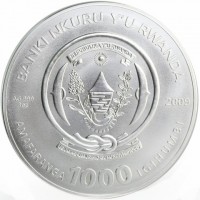 Silver coin Rwanda KM# 57 BANKI NIKURU Y'U RWANDA. REPUBLIKA Y'U RWANDA. UBUMWE - UMURIMO - GUKUNDA IGIHUGU. AMAFARANGA 1000 IGIHUMBI.