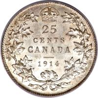 reverse of 25 Cents - George V (1912 - 1919) coin with KM# 24 from Canada. Inscription: 25 CENTS CANADA 1914