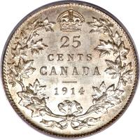 Canada coin 25 Cents - George V (1912 - 1919) reverse reverse of 25 Cents - George V (1912 - 1919) coin with KM# 24 from Canada. Inscription: 25 CENTS CANADA 1914