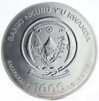 Silver coin Rwanda KM# 69 BANKI NIKURU Y'U RWANDA. REPUBLIKA Y'U RWANDA. UBUMWE - UMURIMO - GUKUNDA IGIHUGU. AMAFARANGA 1000 IGIHUMBI.