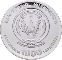 Silver coin Rwanda KM# 142 BANKI NIKURU Y'U RWANDA. REPUBLIKA Y'U RWANDA. UBUMWE - UMURIMO - GUKUNDA IGIHUGU. AMAFARANGA 1000 IGIHUMBI.