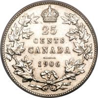 reverse of 25 Cents - Edward VII (1902 - 1909) coin with KM# 11 from Canada. Inscription: 25 CENTS CANADA 1906