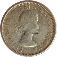 Canada coin 10 Cents - Elizabeth II - 1'st Portrait (1953 - 1964) obverse obverse of 10 Cents - Elizabeth II - 1'st Portrait (1953 - 1964) coin with KM# 51 from Canada. Inscription: ELIZABETH II DEI GRATIA REGINA