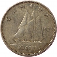 Canada coin 10 Cents - Elizabeth II - 1'st Portrait (1953 - 1964) reverse reverse of 10 Cents - Elizabeth II - 1'st Portrait (1953 - 1964) coin with KM# 51 from Canada. Inscription: CANADA 1964 10 CENTS