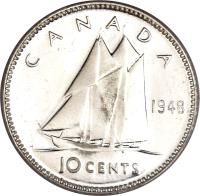 reverse of 10 Cents - George VI (1948 - 1952) coin with KM# 43 from Canada. Inscription: CANADA 1949 10 CENTS