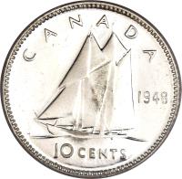 Canada coin 10 Cents - George VI (1948 - 1952) reverse reverse of 10 Cents - George VI (1948 - 1952) coin with KM# 43 from Canada. Inscription: CANADA 1949 10 CENTS