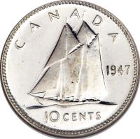 reverse of 10 Cents - George VI (1937 - 1947) coin with KM# 34 from Canada. Inscription: CANADA 1947 10 CENTS