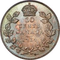 Canada coin 10 Cents - George V (1912 - 1919) reverse reverse of 10 Cents - George V (1912 - 1919) coin with KM# 23 from Canada. Inscription: 10 CENTS CANADA 1914