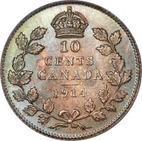 reverse of 10 Cents - George V (1912 - 1919) coin with KM# 23 from Canada. Inscription: 10 CENTS CANADA 1914