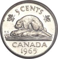 Canada coin 5 Cents - Elizabeth II - 2'nd Portrait (1965 - 1981) reverse reverse of 5 Cents - Elizabeth II - 2'nd Portrait (1965 - 1981) coin with KM# 60 from Canada. Inscription: 5 CENTS K · G CANADA 1965