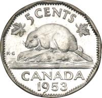 reverse of 5 Cents - Elizabeth II - 1'st Portrait (1953 - 1954) coin with KM# 50 from Canada. Inscription: 5 CENTS CANADA 1954 KG