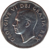 Canada coin 5 Cents - George VI - Discovery of Nickel (1951) obverse obverse of 5 Cents - George VI - Discovery of Nickel (1951) coin with KM# 48 from Canada. Inscription: GEORGIVS VI DEI GRATIA REX