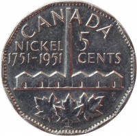Canada coin 5 Cents - George VI - Discovery of Nickel (1951) reverse reverse of 5 Cents - George VI - Discovery of Nickel (1951) coin with KM# 48 from Canada. Inscription: CANADA NICKEL 5 1751-1951 CENTS