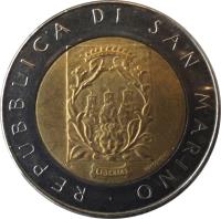 San Marino coin 500 Lire (1988) obverse obverse of 500 Lire (1988) coin with KM# 226 from San Marino. Inscription: REPUBBLICA DI SAN MARINO LIBERTAS