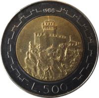 San Marino coin 500 Lire (1988) reverse reverse of 500 Lire (1988) coin with KM# 226 from San Marino. Inscription: L. 500 1988