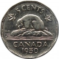 reverse of 5 Cents - George VI (1948 - 1950) coin with KM# 42 from Canada. Inscription: 5 CENTS CANADA 1950