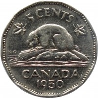 Canada coin 5 Cents - George VI (1948 - 1950) reverse reverse of 5 Cents - George VI (1948 - 1950) coin with KM# 42 from Canada. Inscription: 5 CENTS CANADA 1950